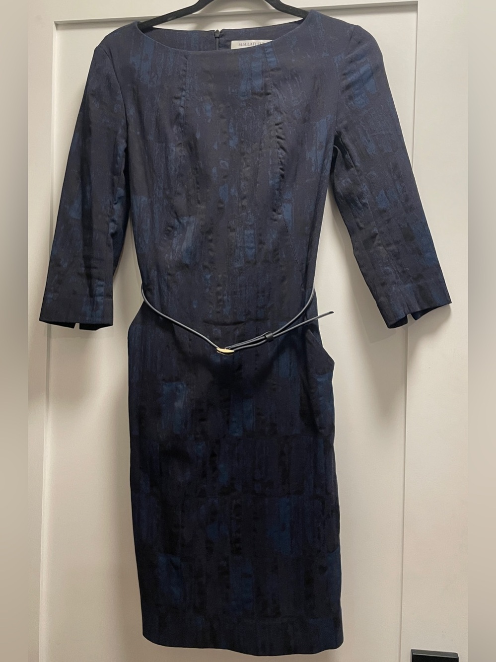 MM Lafleur Navy Textured Midi Sheath Dress with Slim Belt
